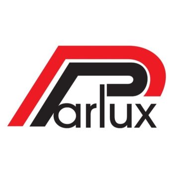 Logotipo moderno en rojo y negro con una P estilizada y la palabra parlux, diseñado para una marca de peluquería profesional.