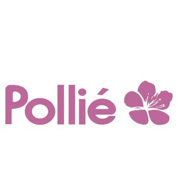 Logotipo rosa con la palabra Pollié en tipografía redondeada junto a una flor estilizada, que transmite estética femenina y alta calidad en productos y sugiere sutilmente una promoción.