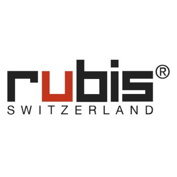 Logotipo estilizado con la palabra rubis en letras geométricas negras y una u en rojo, texto secundario SWITZERLAND en mayúsculas y símbolo de marca registrada, que comunica una identidad moderna y alta calidad.