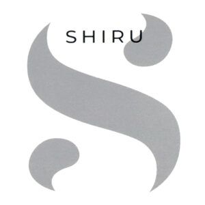 Logotipo minimalista en tonos grises con una forma curva que sugiere una S estilizada acompañada de tres elementos en forma de gota y una palabra en mayúsculas en la parte superior, diseño limpio y de alta calidad.