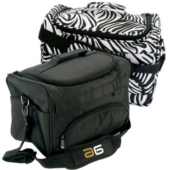 Dos bolsas portátiles con múltiples bolsillos y cremalleras, una negra y otra con estampado de cebra en blanco y negro, ambas con asa superior y correa ajustable, diseño atractivo y aspecto de 'alta calidad'.