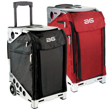 Dos trolleys de equipaje en negro y rojo con estructura metálica, ruedas, asa extensible y varios bolsillos exteriores, incluyendo la mención 'mejor precio' y referencia a stock.