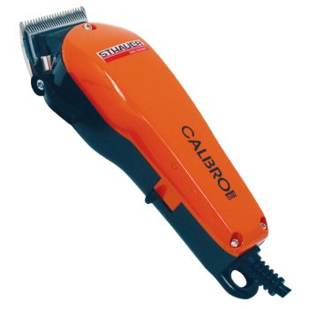 Máquina cortadora de cabello eléctrica color naranja con la palabra "CALIBRO" impresa, cuchillas metálicas y cable de alimentación.