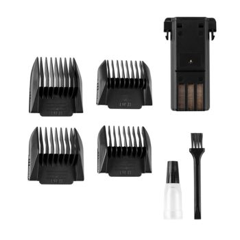 Accesorios negros para cortapelos dispuestos sobre fondo blanco: cuatro peines guía de distintos tamaños, soporte de batería, pincel de limpieza y frasco de aceite, pensado para peluquería en un kit completo.