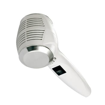 Masajeador eléctrico de mano blanco con cabeza ventilada y placa metálica, interruptor on/off en el mango y diseño ergonómico, mejor opción para aliviar la tensión muscular y favorecer la relajación.