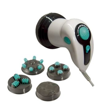 Masajeador eléctrico de mano blanco con botones y detalles turquesa, cable y cinco cabezales intercambiables para distintos tipos de masaje, con diseño ergonómico y apariencia de 'alta calidad'.