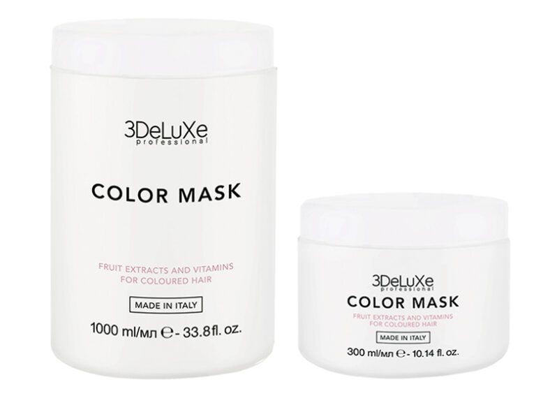 Dos envases blancos de mascarilla capilar 3DeLuXe professional Color Mask (1000 ml y 300 ml) etiquetados con extractos de frutas y vitaminas para cabello coloreado, aptos para uso en 'salón de belleza'.
