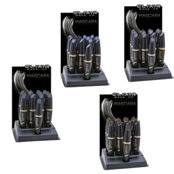 Exhibidor con varios tubos de máscara de pestañas Elixir en diferentes tonos y tapas de colores, presentado en soporte negro que transmite alta calidad y opciones de color a buen precio.