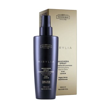 Botella pulverizadora oscura de 180 ml de Maschera Spray Mirylia con caja dorada, tratamiento capilar leave-in 10 en 1 con argán, cáñamo y onagra para un acabado profesional.