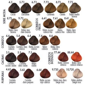 Paleta visual de muestras de tonos de cabello en español, organizada en filas que muestran castaños, cobrizos, caobas, rojizos y rubios con nombres de cada matiz, diseñada para referencia en peluquería.