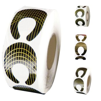 Rollo de adhesivos para manicura con motivos en forma de media luna y rejilla negra y amarilla sobre fondo blanco, apto para guías de uñas y presentación de alta calidad.