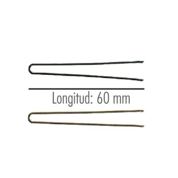 Dos pasadores metálicos para cabello con forma de horquilla, uno negro y otro dorado, colocados en paralelo sobre fondo blanco con una línea divisoria y texto que indica la longitud, imagen de alta calidad.