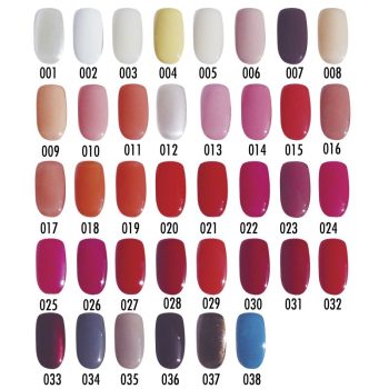 Paleta de muestras de esmalte de uñas con varias uñas artificiales organizadas en filas que muestran tonos neutros, pasteles, rosas, rojos, burdeos, morados y un azul, pensada para selección en peluquería.