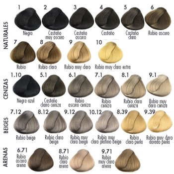 Muestra un muestrario de mechones de cabello dispuestos en filas y etiquetados por familias naturales, cenizas, beiges y arenas que van desde negro profundo hasta rubios muy claros y dorados, diseñado para selección de tono profesional con resolución cromática nítida.