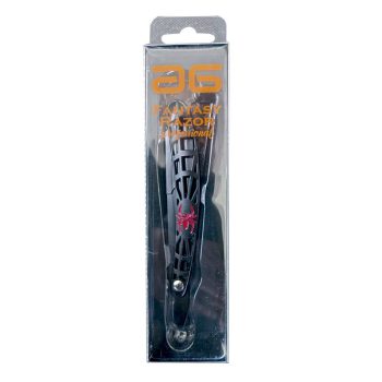 Navaja de afeitar estilo barbero con mango negro calado y una araña roja en el centro, en un empaque plástico transparente vertical que muestra el producto con acabado moderno y alta calidad.