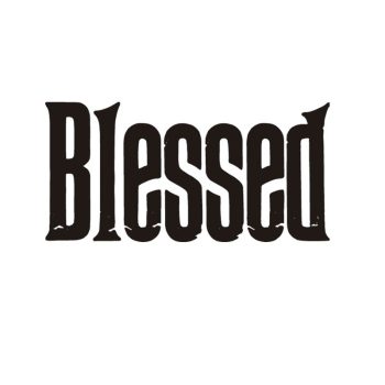 Texto "Blessed" en negro con tipografía gótica y textura desgastada sobre fondo blanco, imagen de alta calidad que aporta una solución estética y minimalista para composiciones gráficas.