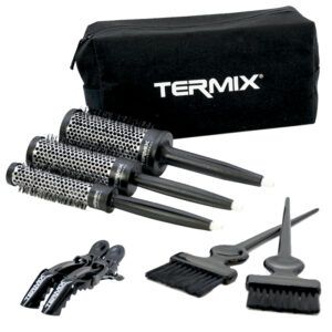 Juego profesional para peinado con tres cepillos térmicos redondos de distintos tamaños, dos brochas aplicadoras, dos pinzas de sujeción y estuche negro con logo Termix, pensado para uso en salón de belleza y fácil de guardar para entrega.
