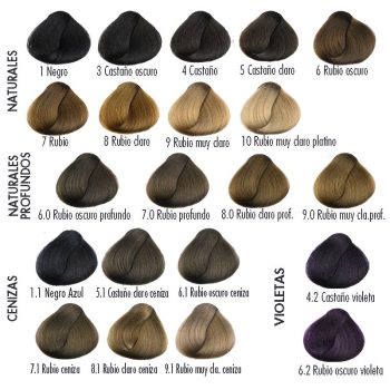 Muestra de mechas de colores de cabello organizadas en filas por tonos naturales, profundos, ceniza y violeta, con variaciones desde negro y castaño hasta rubios y morados, presentada en alta calidad para ayudar a elegir el mejor tono.