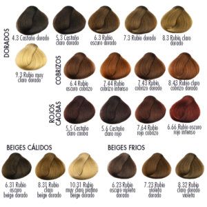 Muestra de tonos de coloración capilar organizada en categorías Dorados, Cobrizos, Rojos caoba, Beiges cálidos y Beiges fríos con mechones ilustrativos para elegir un acabado profesional.