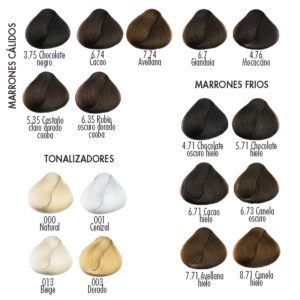Muestra de color para peluquería con mechones ilustrativos en una gama de marrones cálidos y fríos y tonalizadores rubio y ceniza, presentada con etiquetas de nombre de tono para facilitar la elección por profesionales y clientes y con estética de marca.