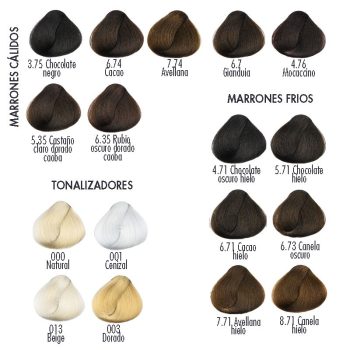 Muestra de color para peluquería con mechones ilustrativos en una gama de marrones cálidos y fríos y tonalizadores rubio y ceniza, presentada con etiquetas de nombre de tono para facilitar la elección por profesionales y clientes y con estética de marca.