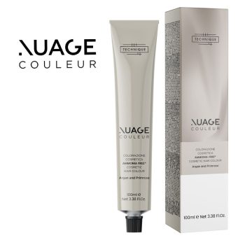 Tubo y caja de coloración cosmética sin amoníaco con acabado plateado y tipografía minimalista, presentación profesional indicada para uso en peluquería.