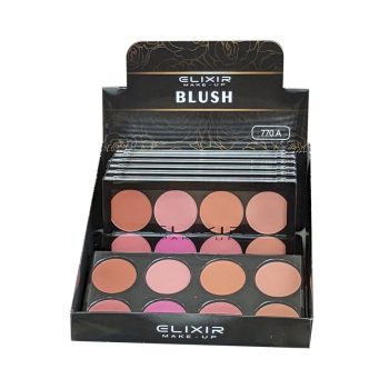 Estuche expositor de maquillaje con varias paletas de colorete en tonos rosados, melocotón y nude dispuestas en filas sobre un envase negro elegante que transmite alta calidad.