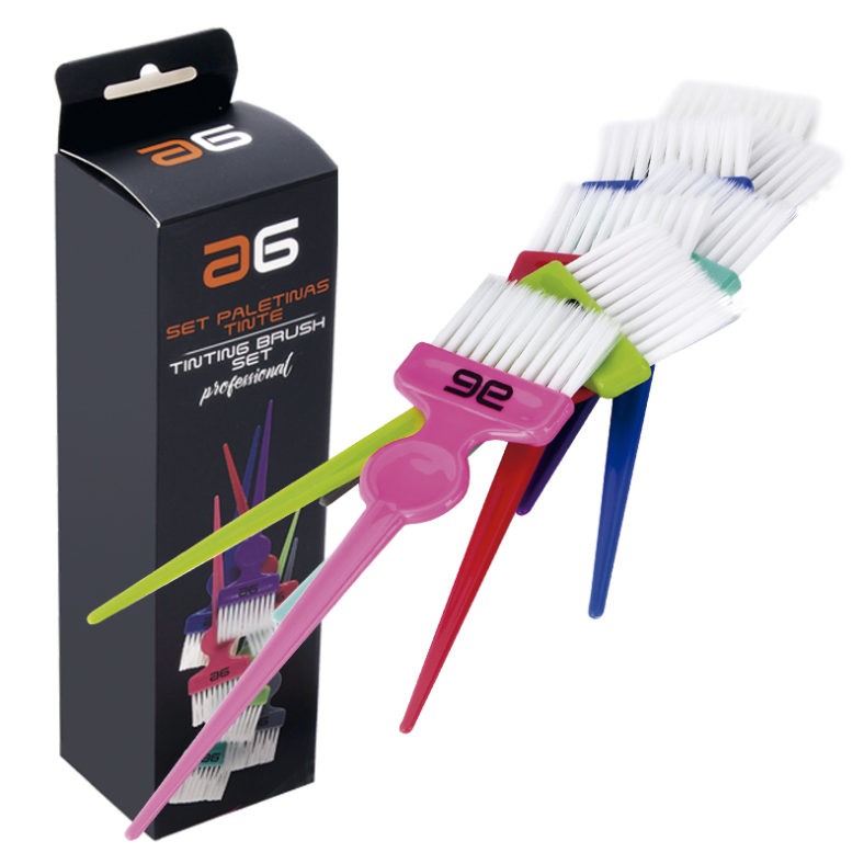 Set de pinceles para tintura de cabello multicolores con cerdas blancas y estuche de presentación, pensado para uso profesional.