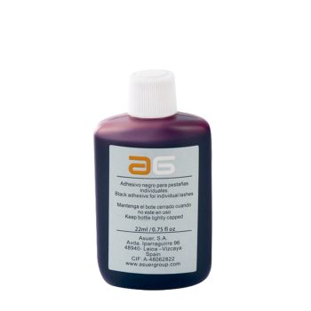 Botella morado oscuro con tapa blanca y etiqueta frontal que indica adhesivo negro para pestañas individuales y muestra un logotipo naranja y gris, diseñada para uso profesional.