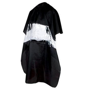 Capa negra de peluquería con panel transparente horizontal que deja ver el torso, pensada para uso profesional y disponible.