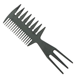 Peine negro de plástico multifunción con dientes finos y anchos y mango con horquilla para separar mechones, diseño ergonómico y acabado de alta calidad.