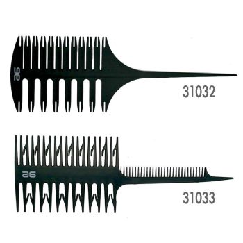 Dos peines de cola negros con secciones de dientes anchos y finos para peinado profesional, alta calidad.