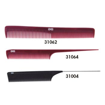 Tres peines de peluquería en rojo y negro —dos de dientes finos y uno tipo cola larga para seccionar mechones— de aspecto profesional y alta calidad.