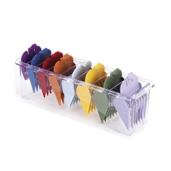 Organizador transparente que contiene múltiples marcadores de jardín de plástico en colores variados con punta afilada y pestaña superior, diseñados para uso profesional en macetas y semilleros.