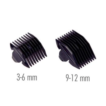 Dos peines guía negros para máquina de cortar pelo con medidas 3-6 mm y 9-12 mm, ideales para un uso 'profesional'.