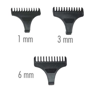 Tres peines adaptadores negros para cortapelos de peluquería con longitudes visibles de 1 mm, 3 mm y 6 mm.