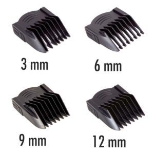 Cuatro peines guía negros para cortapelos mostrados en tamaños 3 mm, 6 mm, 9 mm y 12 mm, diseño profesional, oferta.