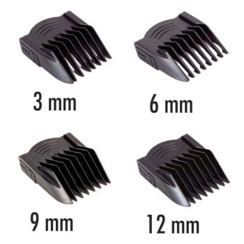 Cuatro peines guía negros para cortapelos mostrados en tamaños 3 mm, 6 mm, 9 mm y 12 mm, diseño profesional, oferta.