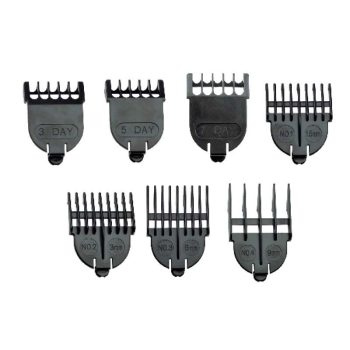 Conjunto de peines guía negros de plástico para cortapelos, organizados sobre fondo blanco y diseñados para uso profesional.