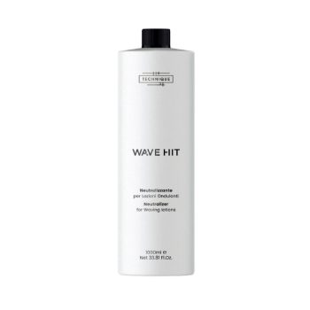 Botella blanca de 1000 ml con tapón negro y etiqueta "WAVE HIT" que indica neutralizante para lociones ondulantes, diseñada para uso profesional en peluquería.