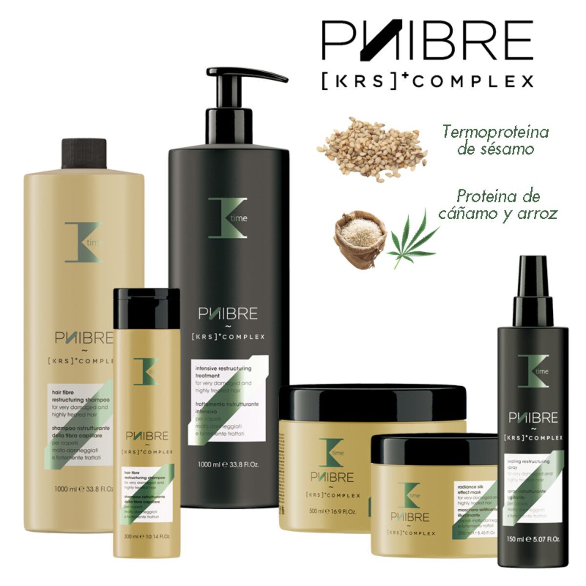 Calidad vs precio en productos de belleza 5 Conjunto de envases dorados y negros de productos capilares profesionales (champú, acondicionador, mascarillas, sérum y tratamiento en dosificador) acompañados de imágenes de sésamo y cáñamo/arroz y textos de ingredientes, ideales para peluquería.