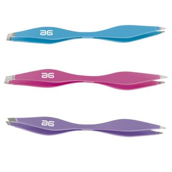 Juego de tres pinzas de alta calidad en colores azul, rosa y morado con diseño ergonómico curvado y puntas metálicas biseladas, ideales para depilar o manipular pequeños objetos.