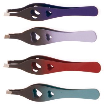 Cuatro pinzas inclinadas de colores con puntas metálicas y recortes en forma de corazón dispuestas en vertical sobre fondo blanco, diseño profesional.