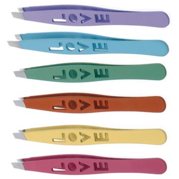 Seis pinzas oblicuas con punta metálica dispuestas en paralelo en colores morado, azul claro, verde, naranja, amarillo y rosa con recortes decorativos que forman la palabra LOVE, diseño ergonómico y apariencia profesional aptas para peluquería.