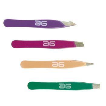 Cuatro pinzas de precisión alineadas horizontalmente en colores morado, fucsia, beige y verde con distintas formas de punta; para peluquería, disponible como set.