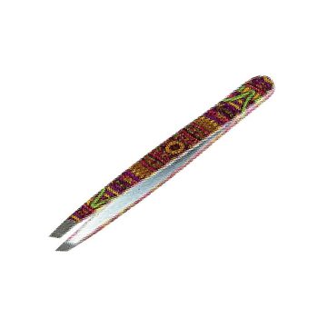 Pinzas con punta inclinada y mango alargado cubierto por un estampado geométrico y colores vivos sobre fondo blanco, diseño preciso para profesionales que aprecian la composición y la ergonomía.