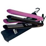 Plancha de pelo con placas de titanio, diseño innovador rosa y negro
