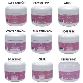 Nueve tarros blancos dispuestos en una cuadrícula de tres filas por tres columnas con etiquetas rosas que contienen polvos de porcelana y polvo acrílico para uñas en tonos salmón suave, rosa cielo, blanco, cobertura salmón, rosa para extensiones, rosa suave, rosa oscuro, transparente y rosa profundo, presentación pensada para manicura profesional de alta calidad.