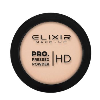 Polvo compacto prensado beige en estuche circular negro con tapa transparente y texto de marca, PRO y HD impresos en el centro, presentado como 'profesional'.