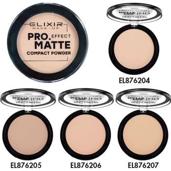 Cinco polvos compactos mate de tonos beige en envases redondos negros con tapas transparentes, de la marca Elixir Make‑Up Pro Effect, presentados en varias tonalidades para un acabado uniforme de alta calidad, pensados para uso por profesionales.